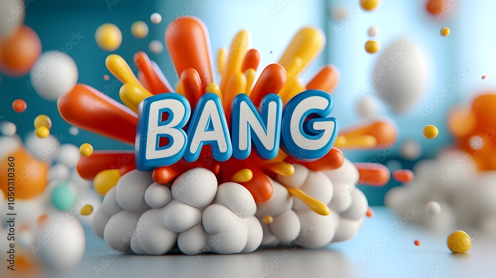 Aufkleber close up of bold 3d text saying bang surrounded by a vibrant comic book style explosion with dynamic