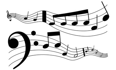Musical notes wave and stave, treble and bass clef, song or sheet music design, flat vector