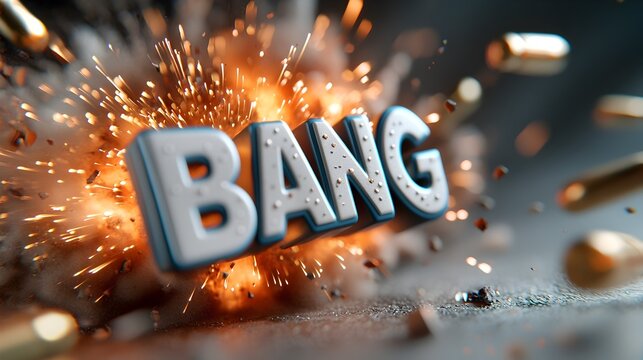 Bold 3D text with the word Bang set against a vibrant comic book style explosion surrounded by dynamic lines fiery bursts and bright colors for a dramatic impactful visual effect - Powered by Adobe