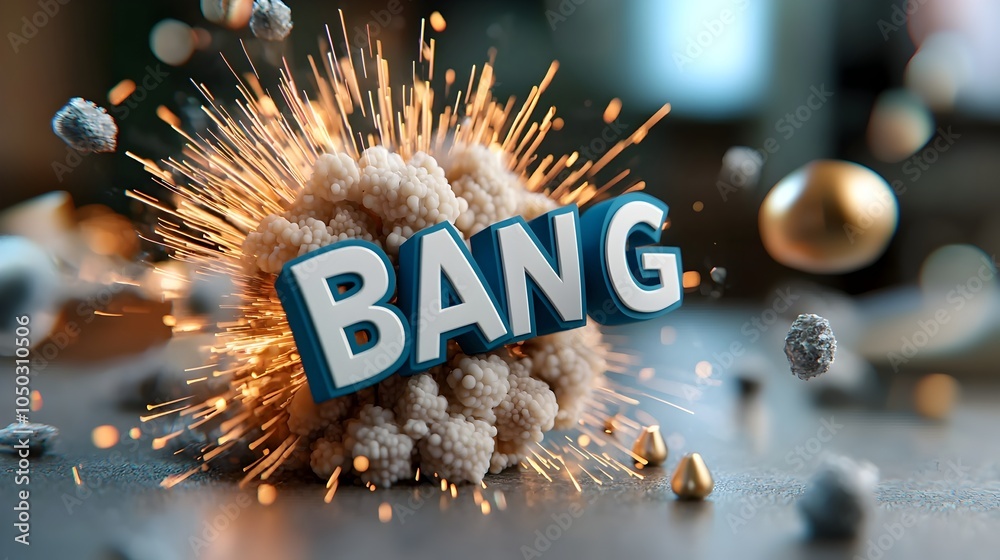Poster vibrant and dynamic 3d comic style explosion featuring bold text in the center surrounded by fiery b