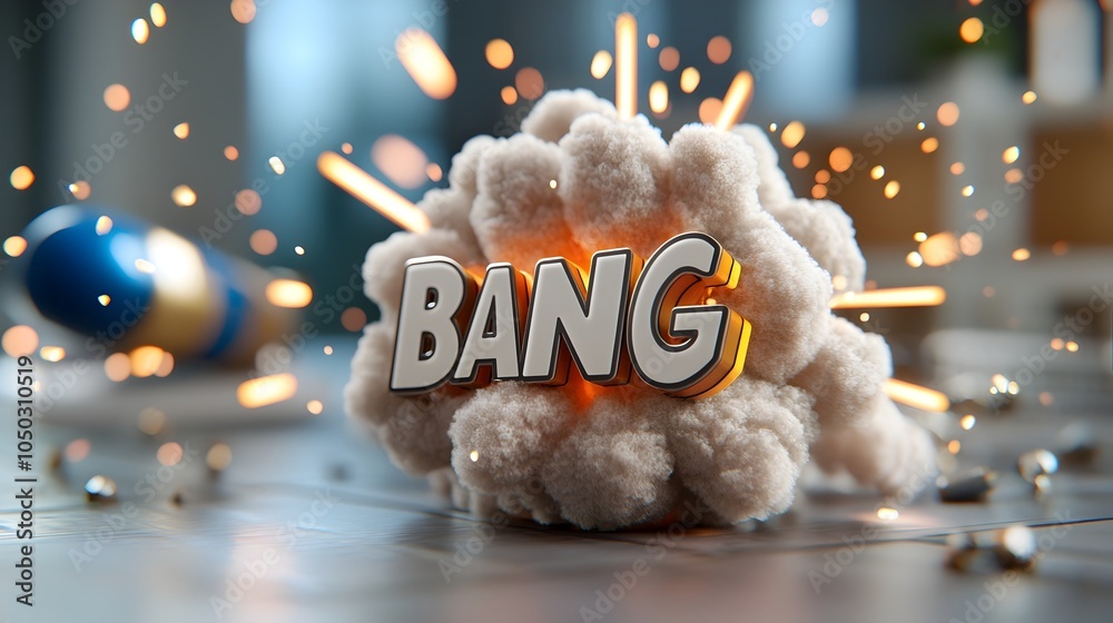 Poster dramatic close up of bold 3d text surrounded by a vibrant comic book style explosion with bright col