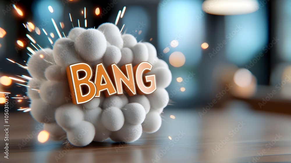 Poster powerful and intense 3d text saying bang in a close up comic explosion with vibrant bright colors dy