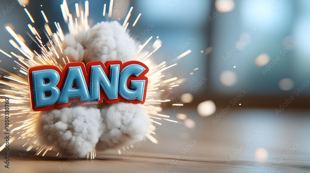 Poster Explosive comic scene with bold 3D bang text close up view of vibrant colors and dynamic lines fire and sparks bursting outward in a high energy dramatic digital