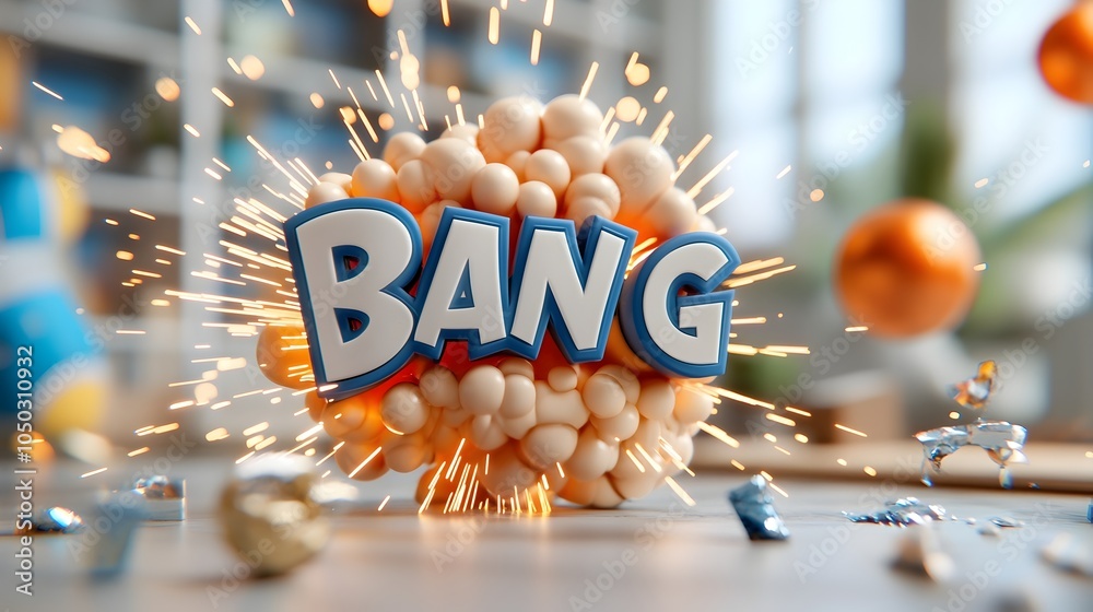 Poster Close up of a bold three dimensional comic book style text surrounded by a dynamic energy filled explosion of bright vibrant colors and fiery sparks creating an intense dramatic visual scene