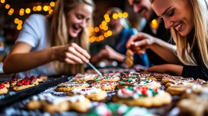 A couple decorating gingerbread cookies together, laughing as they add colorful frosting, with festive decorations glowing in the background.