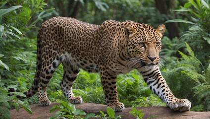 Fototapeta premium A leopard walks through the dense jungle foliage, its powerful body and piercing gaze capturing its wild nature.
