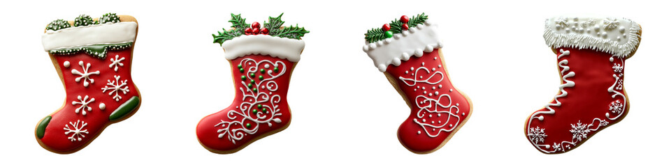 Four festive Christmas stockings made of gingerbread, decorated with icing, herbs, and red and green accents, ideal for holiday-themed treats.