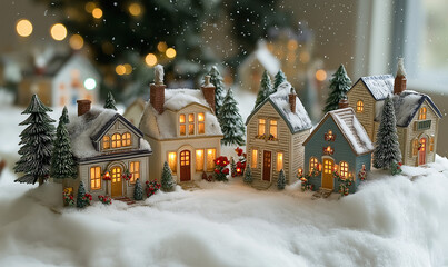 Naklejka premium Snow-Covered Christmas Village at Night