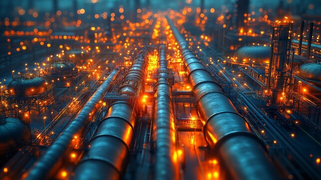 A maze of pipelines at a gas refinery, illuminated in warm tones, representing the complexity and scale of modern fuel infrastructure.