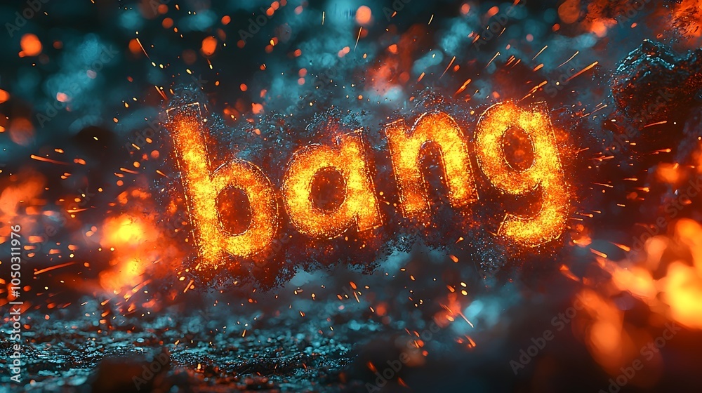 Fototapete Explosive 3D text with the word  bang  at the center of a dynamic comic style explosion surrounded by sharp motion lines and vivid bursts of colorful energy