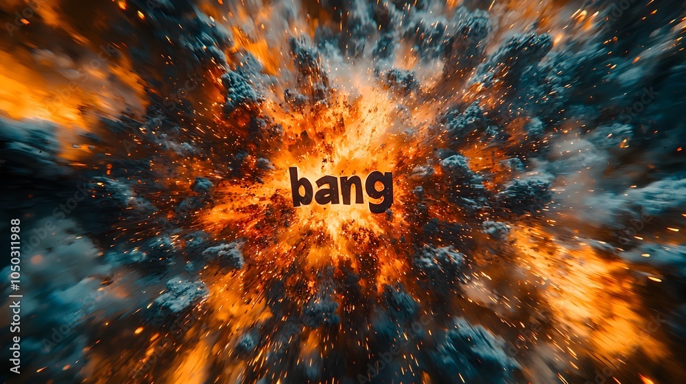 Poster dramatic 3d bang text surrounded by explosive comic style bursts of colorful energy and sharp motion