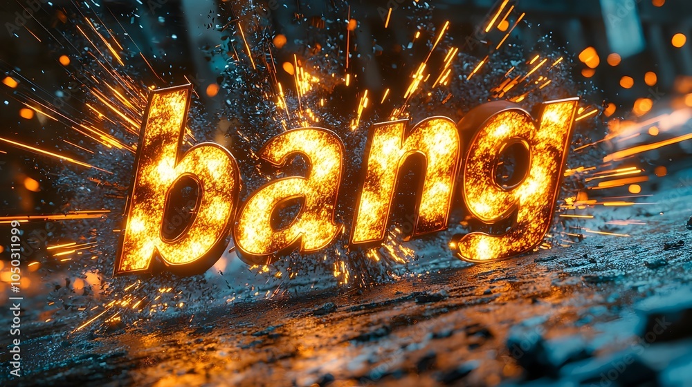 Poster Bold and dynamic 3D bang text centered in a captivating comic style explosion scene featuring sharp motion lines and vibrant bursts of energy for a high impact futuristic visual effect
