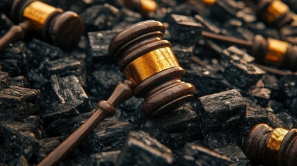 A gavel resting on a bed of coal, symbolizing justice and industry.