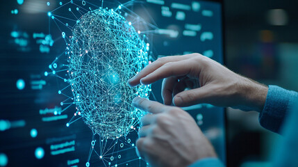 
A man’s hands interacting with a holographic AI shield, symbolizing enhanced cybersecurity through artificial intelligence, copy space for text