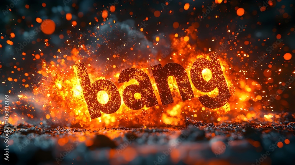 Fototapete Vibrant and explosive comic book style 3D text burst with fiery flames dynamic action lines and a dramatic close up scene bursting with energy and visual impact