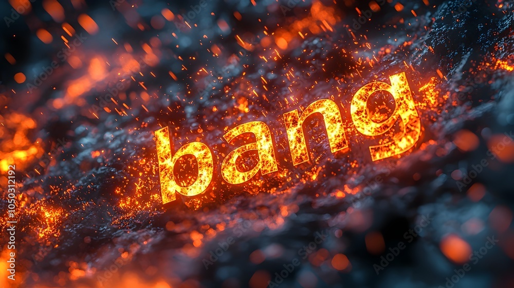 Poster close up of bold 3d text saying bang surrounded by a vibrant comic book style explosion with bright 
