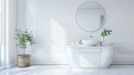 Fototapeta premium Minimalist white bathroom with plants and mirror.