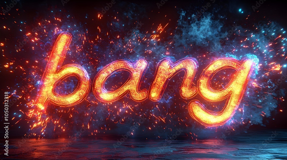 Fototapete powerful and bold 3d text bang centered in a dynamic and vibrant fiery comic style explosion with st