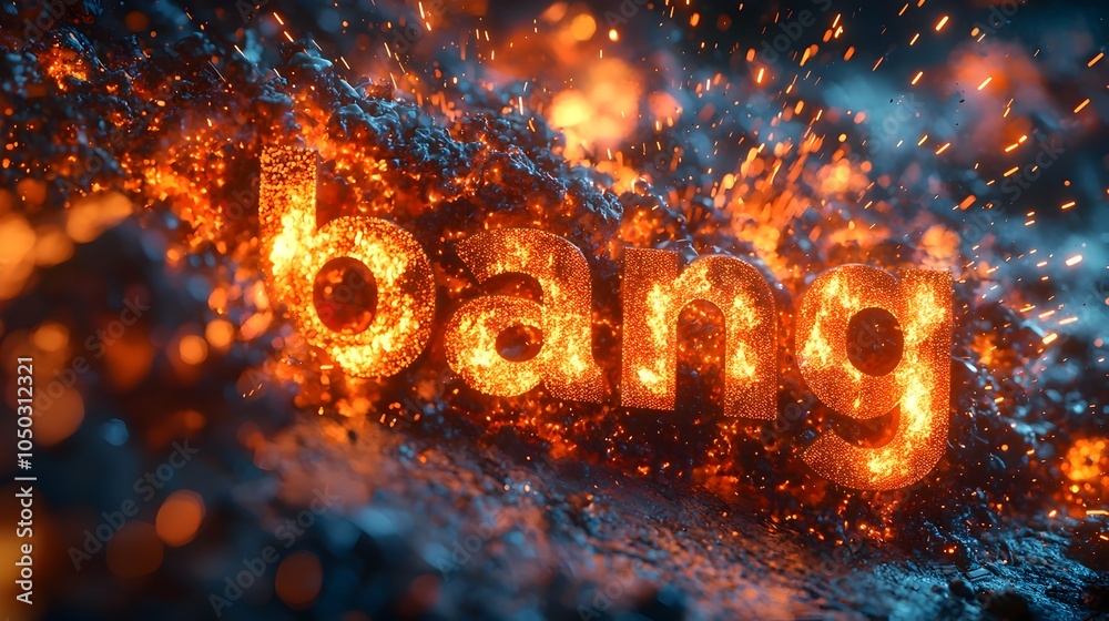 Aufkleber explosive 3d comic text in dramatic colorful burst background with sharp lines fire and smoke impact