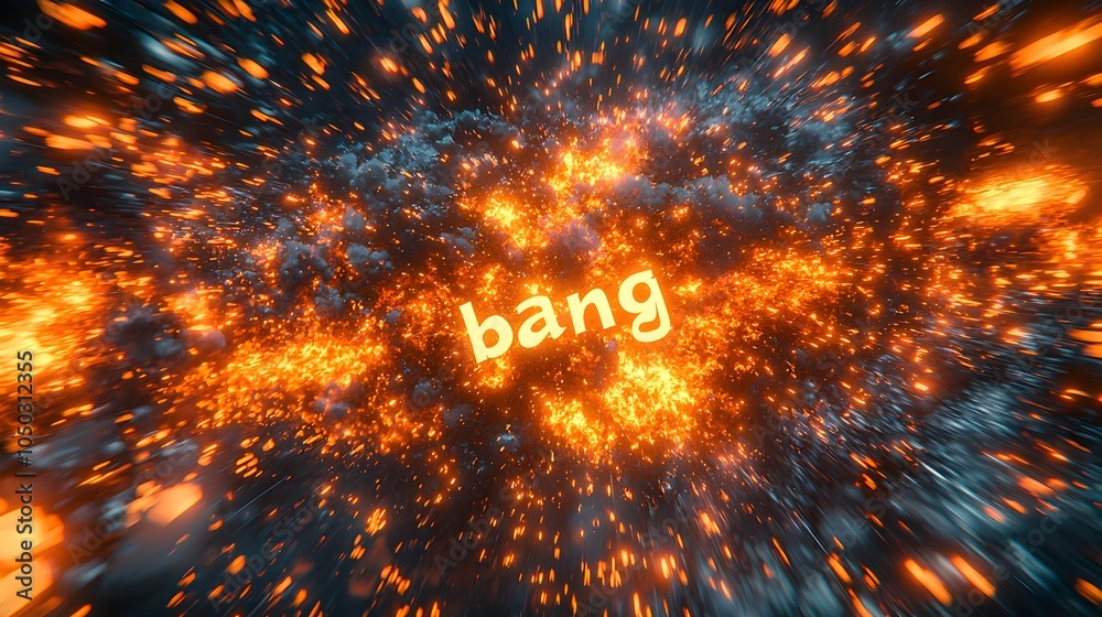 Poster Intense 3D Text Bang Erupting in Fiery Comic Book Style Explosion with Vibrant Dynamic Motion Lines and Bright Colorful Bursting Graphics