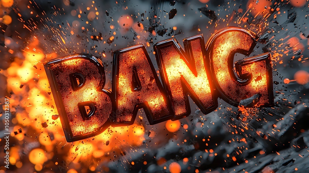 Leinwandbilder explosive 3d text bang in vibrant colorful comic book style background with bursting fire smoke and 