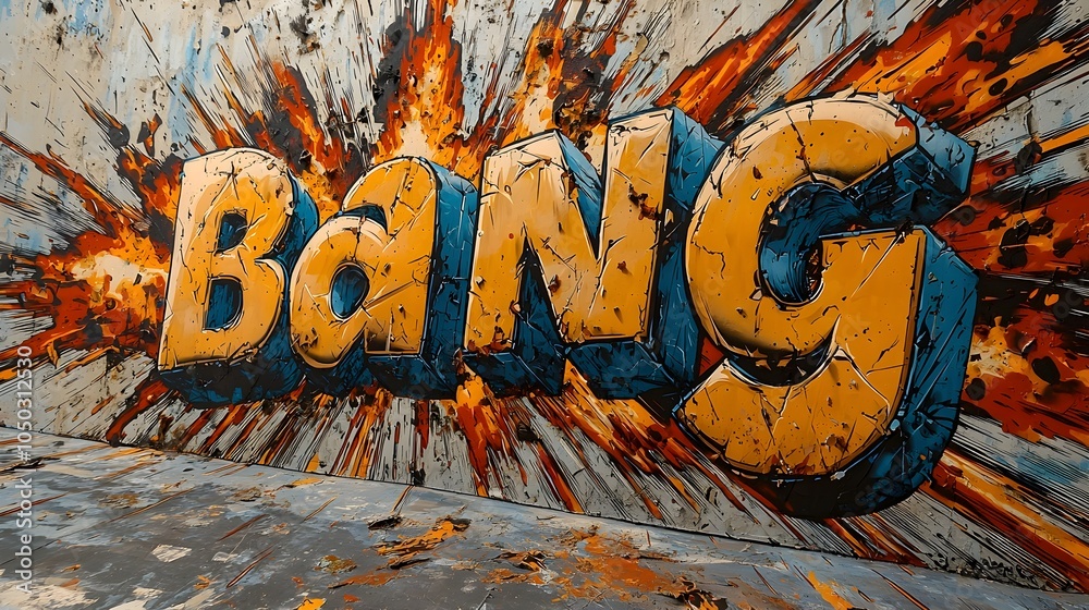 Poster Captivating 3D text with a comic book inspired explosion fiery bursts and dynamic motion lines that add energy and intensity to this vibrant and colorful graphic design