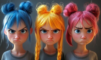 Obraz premium Angry Stressed Mad Cartoon Female Teens - Teen Girls with Colorful Hair in 3D Style Expressing Frustration and Stress - Conceptual Emotions and, Generative AI
