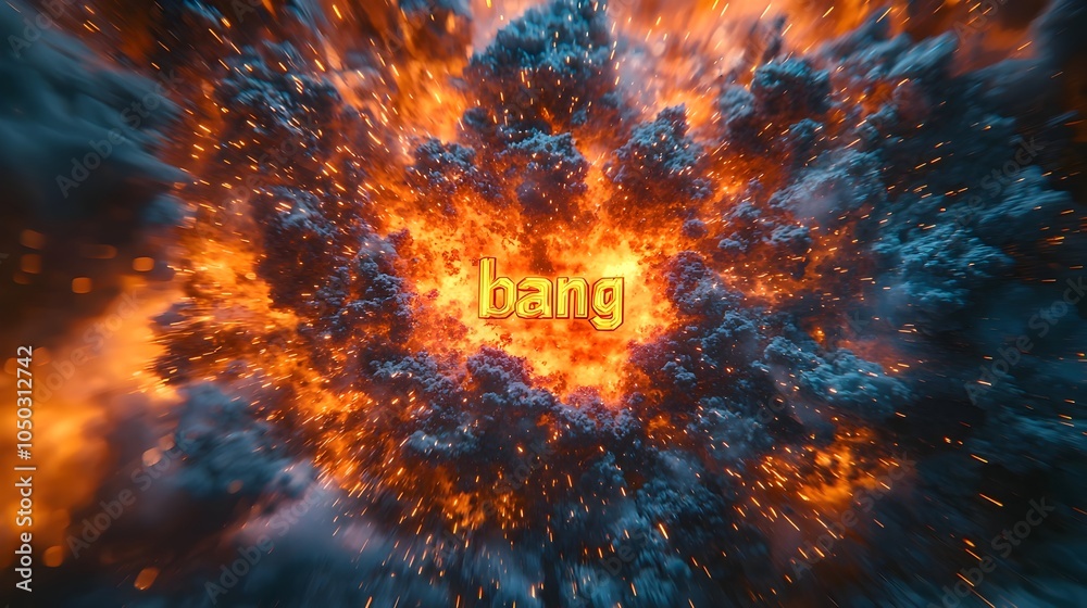 Fototapete Vibrant and dynamic close up of a stylized 3D bang text explosion with colorful bursts of energy flames and sharp motion lines