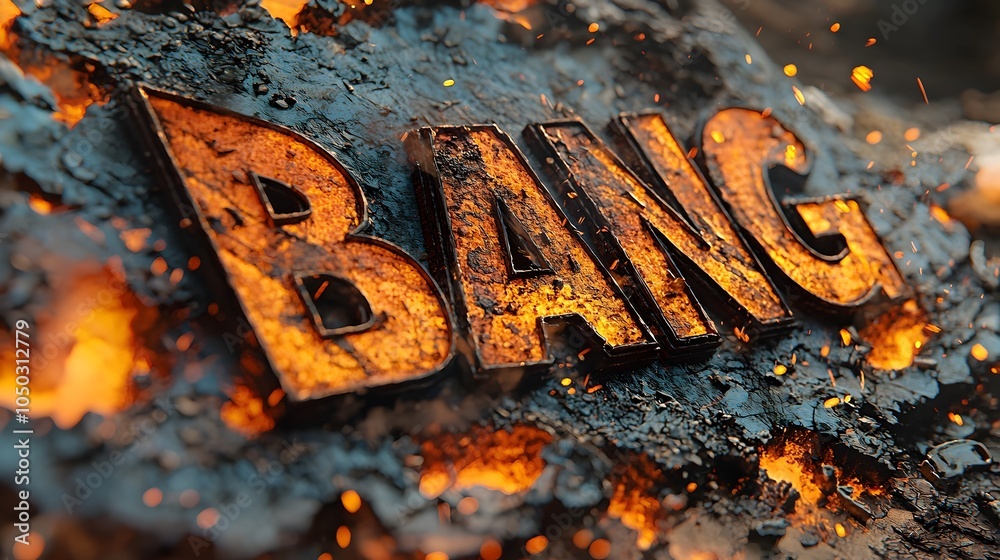 Leinwandbilder dramatic close up of a bold 3d bang text in an intense comic book style explosion with vibrant flame