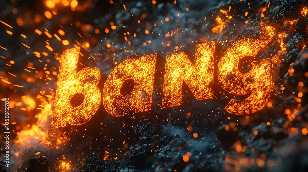 Poster visually striking close up of a bold three dimensional bang text with a comic book inspired explosio