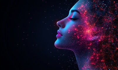 Obraz premium Neon Network Portrait of Woman Side View with Glowing Nodes on Black Banner, Artificial Intelligence Concept, Illuminated Face and Futuristic Technology Theme, Copy Space for, Generative AI