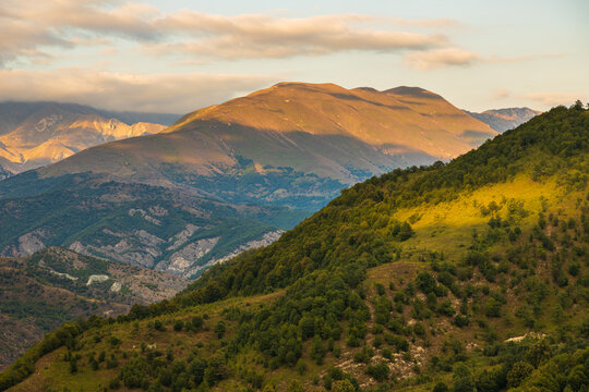 Beautiful sunset in the Caucasus Mountains. Nagorno-Karabakh, Azerbaijan.