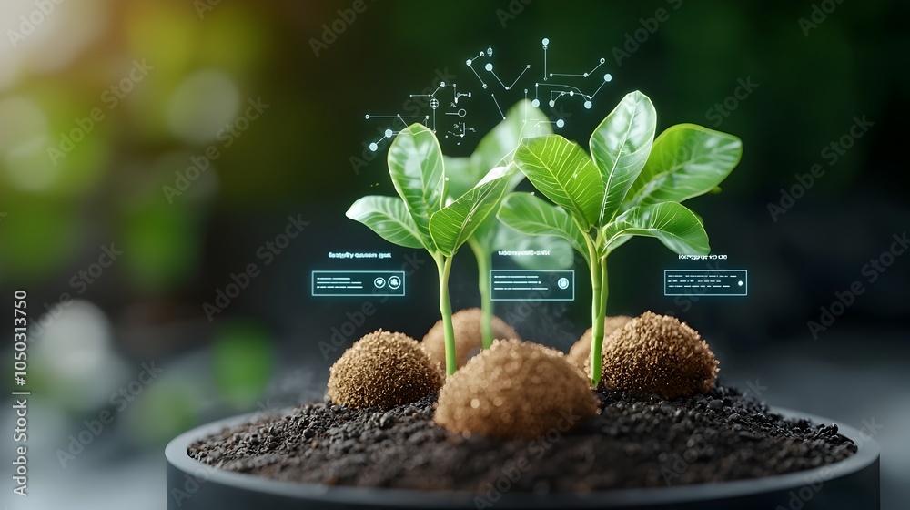 Poster futuristic smart farming depicting corn seedlings and infographic elements that showcase the of prec