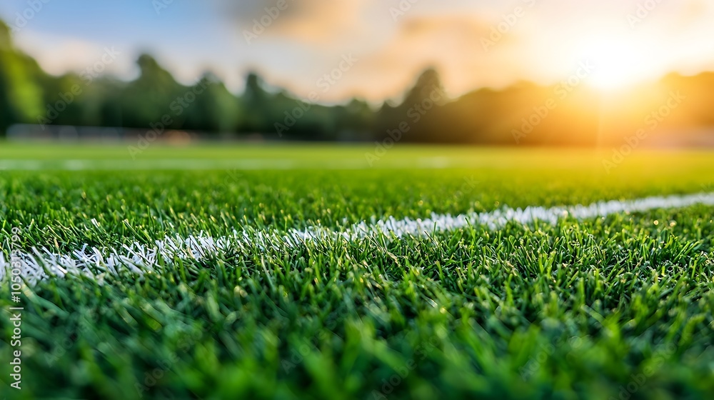 Poster Closeup of a meticulously maintained green sports field with sharp white boundary lines glowing under a soft golden rimlight that accentuates the rich texture and verdant hue of the grass surface