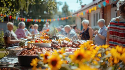 Outdoor gathering with food, people enjoying a festive day under colorful decorations.