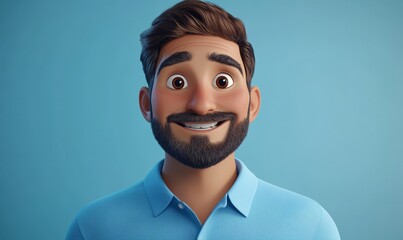 Smiling friendly 3D cartoon character of adult man in blue shirt, cheerful expression, human emotions concept, light background, modern 3D design, positive feelings, animated portrait, Generative AI