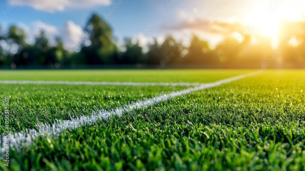 Aufkleber close up view of a lush vibrant green sports turf surface with bright white lines and a warm golden 