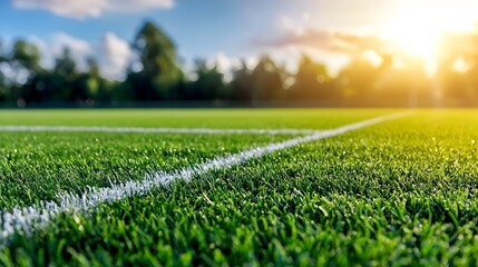 Close up view of a lush vibrant green sports turf surface with bright white lines and a warm golden rimlight that adds depth and a serene inviting atmosphere to the athletic field scene