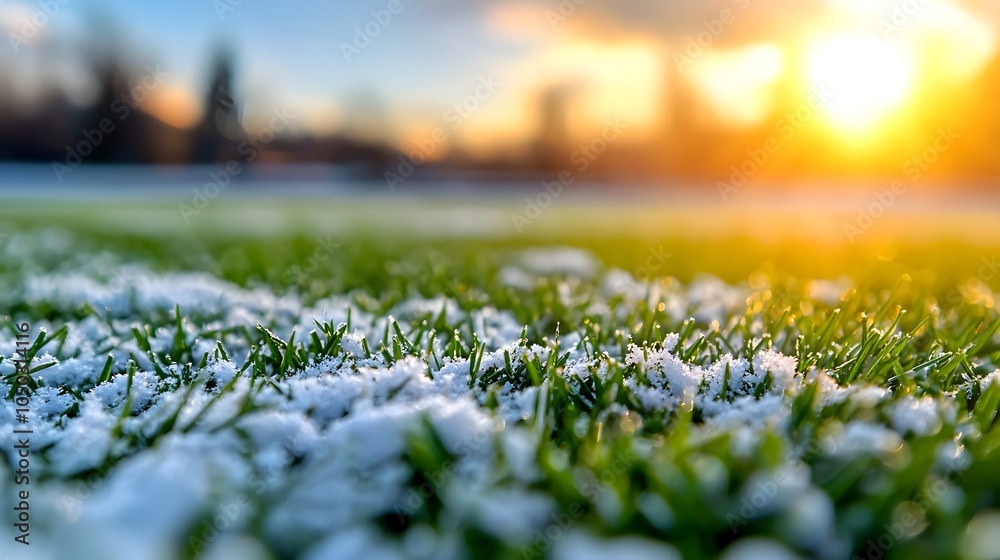 Poster Crisp white field lines contrasting against the vibrant green grass with a warm golden rimlight highlighting the texture and creating a glowing minimalist aesthetic in this close up shot