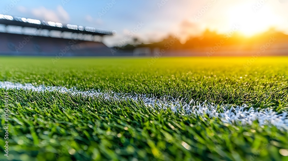 Aufkleber close up view of a lush green sports field with crisp white boundary lines the grass illuminated by 