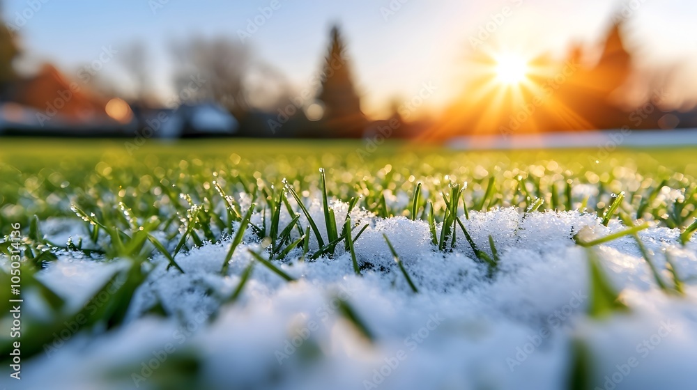 Poster Closeup of a vibrant green grass field with crisp white playing field lines and a warm golden rimlight highlighting the textured surface creating a clean and elegant athletic or sports background