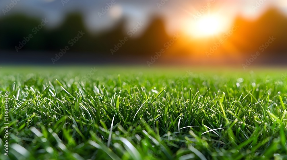 Poster Vibrant green grass field with crisp white lines creating a captivating geometric pattern highlighted by a warm golden rimlight that enhances the textural details