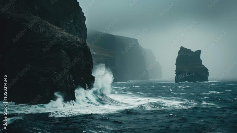 Aufkleber A dramatic view of the towering cliffs of the Faroe Islands with rugged rock formations and crashing waves under a moody, overcast sky, rugged setting with dark tones