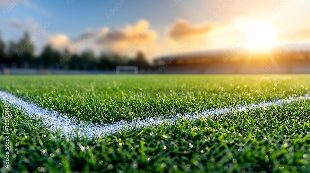 Poster close up view of a green sports field with distinct white boundary lines the grass glowing softly un