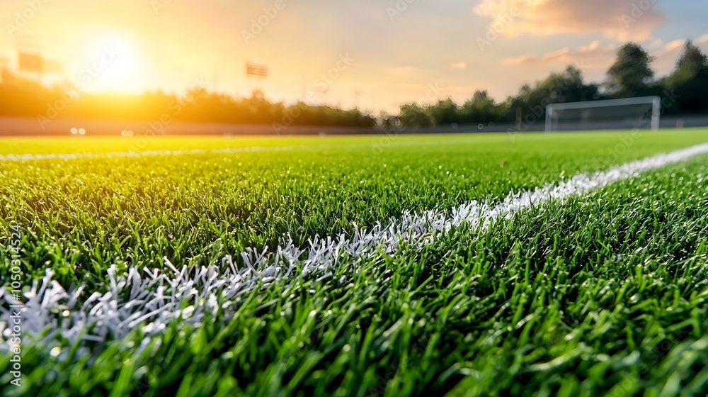 Aufkleber Closeup view of a vibrant green sports field with sharp white lines and a warm golden rimlight adding a rich glowing texture to the athletic playing surface