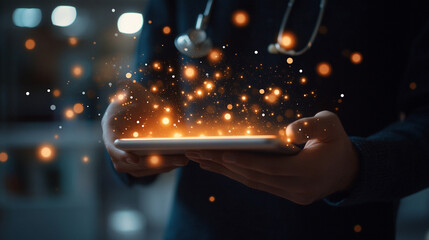 
A doctor holding a glowing tablet with live health data streams symbolizing mobile healthcare management