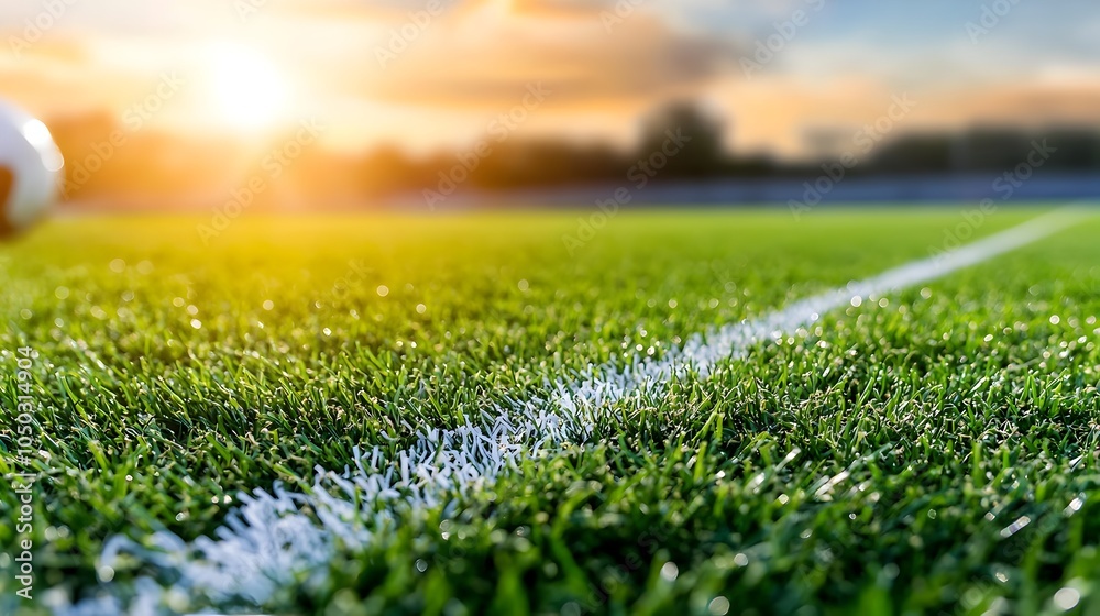 Aufkleber closeup view of bright white lines on a lush green sports field or turf with a soft golden rimlight 