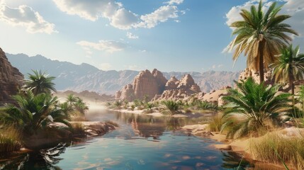 Serene desert landscape with palm trees and a tranquil body of water.