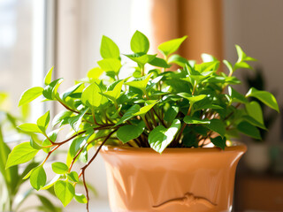 A green plant thriving in a decorative pot, showcasing vibrant leaves and healthy growth.