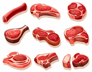 A set of nine cartoon style red meat cuts, isolated on a white background.
